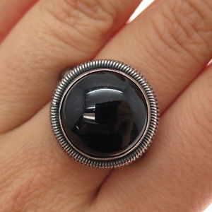 925 Sterling Silver Vintage Real Black Onyx Modernist Oxidized Ring Size 7